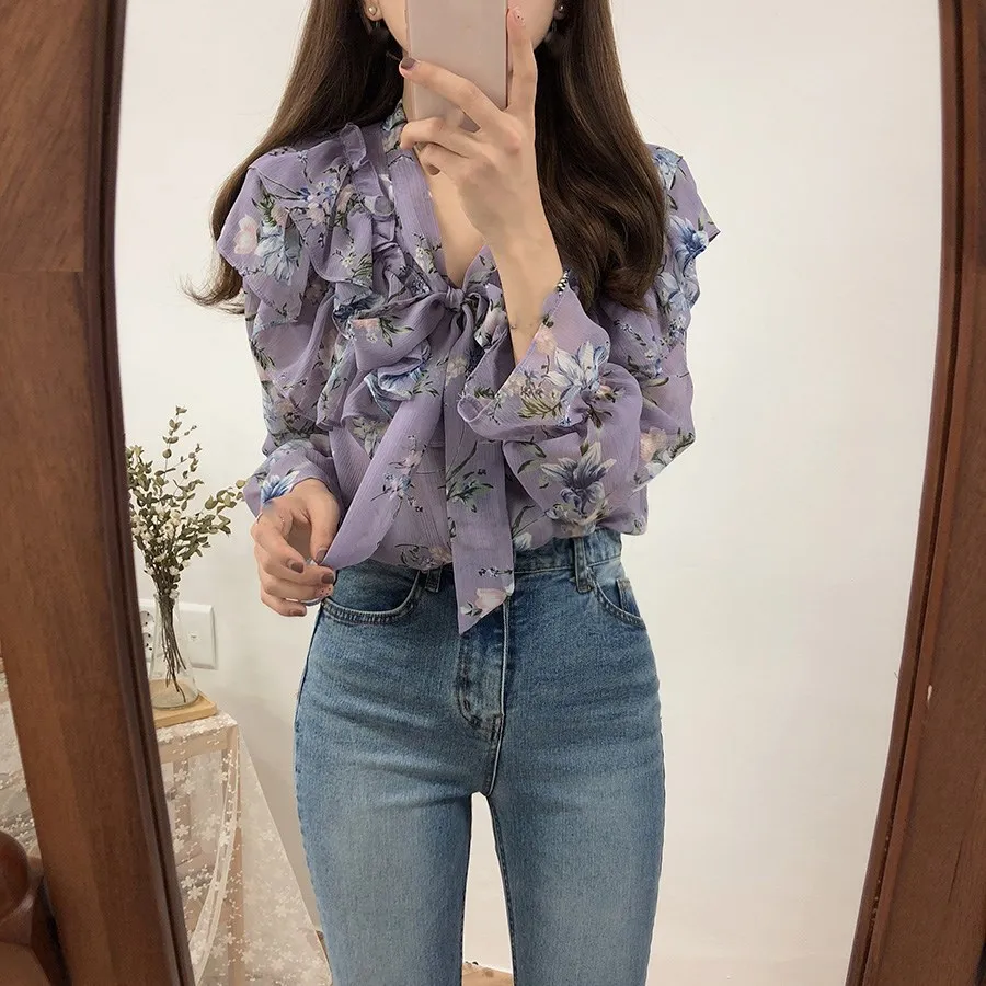 Женские шифоновые блузки с бантом винтажные топы в Корейском стиле 2019 |