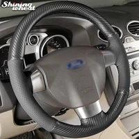 shining wheat black leather pu carbon fiber steering wheel cover for ford focus 2 focus 3 focus rs