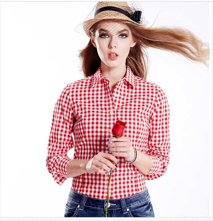 2018 Новые осенне весенние Для женщин Повседневное Рубашки в клетку с длинным