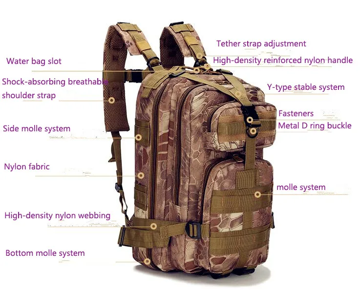 Camouflage Combat 3P Attack Tactical Backpack Outdoor Mountaineering Backpack Hiking Camping  Nylon Bucket Shoulder Bags 20-35L