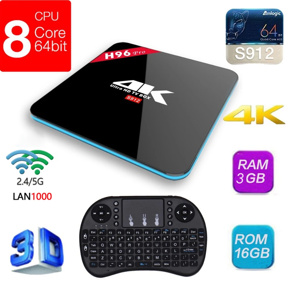 H96 Pro Android tv Box 3GB 16GB Amlogic S912 Восьмиядерный Android 7,1 2,4G/5 GHz Wifi HD2.0 4K HDR 1000M LAN BT4.0 Box tv