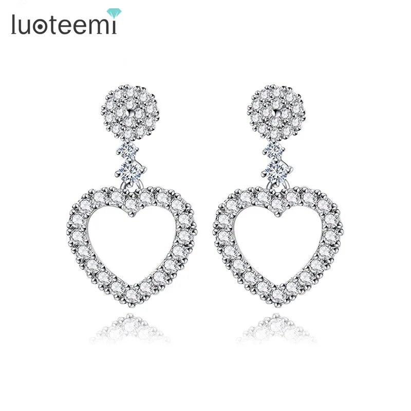 

LUOTEEMI Wholesale Classic Romantic Clear CZ Crystal Heart Drop Pendant Earrings For Women Brincos Christmas Love Gift Jewelry