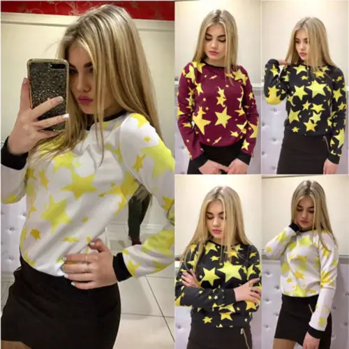 

2017 Stylish Women Casual Long Sleeve Stars O-Neck Sweatshirt Jumper Hooded Pullover
