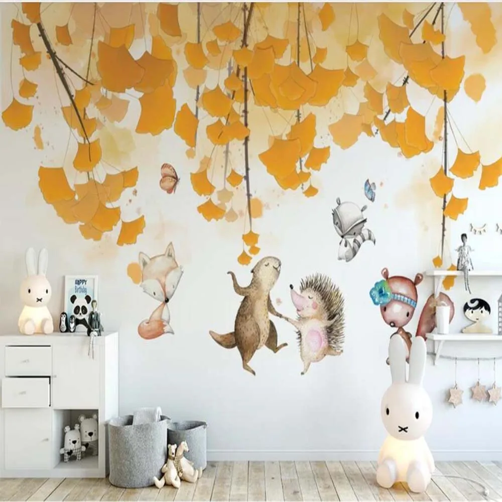 3D Ginkgo Leaves Carton Animal Kids Bedroom Wallpaper Mural Art Wall Decal HD Photo Paper Rolls Murals Contact | Обустройство дома
