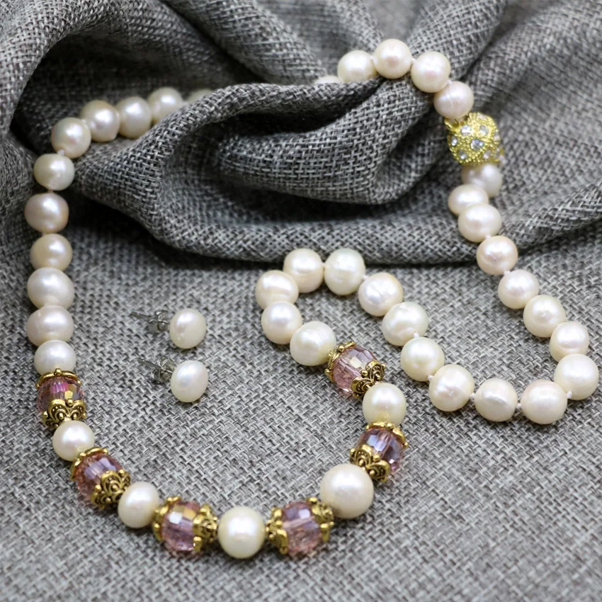 9-10 мм натуральный белый жемчуг бусы цепочка ожерелье серьги для женщин