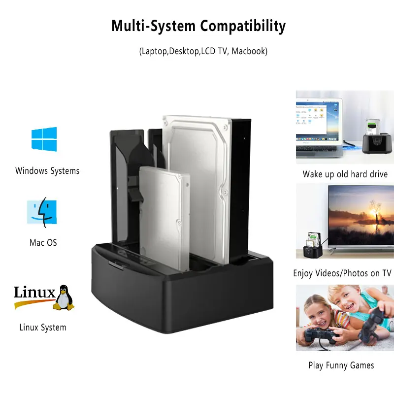 

Sata II to USB3.0 dual bay 2.5"/3.5" SSD/HDD hard disk docking station support off-line clone function for Laptop Mac desktop