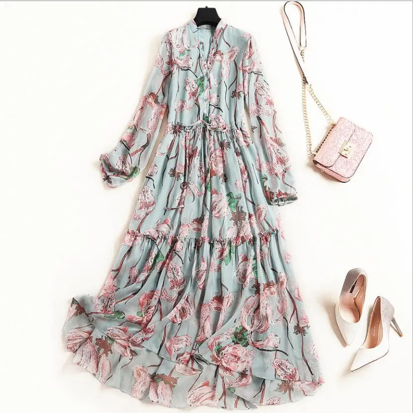green pink Подиум макси платье плюс размер женское с длинным рукавом стоячий воротник Винтаж цветочный принт шифон Вечерние Длинное платье для праздника - Цвет: green pink