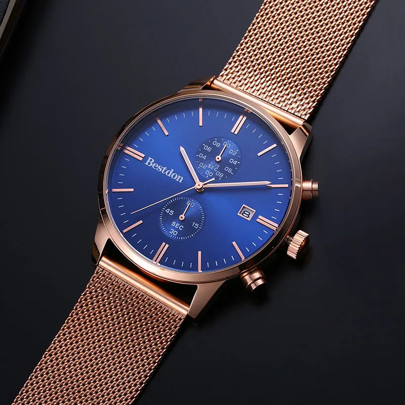 Rose gold-blue Швейцарский бренд, мужские часы Bestdon, топ, роскошный бренд, модные часы с хронографом, TikTok, водонепроницаемые спортивные часы, мужские часы - Цвет: Rose gold-blue