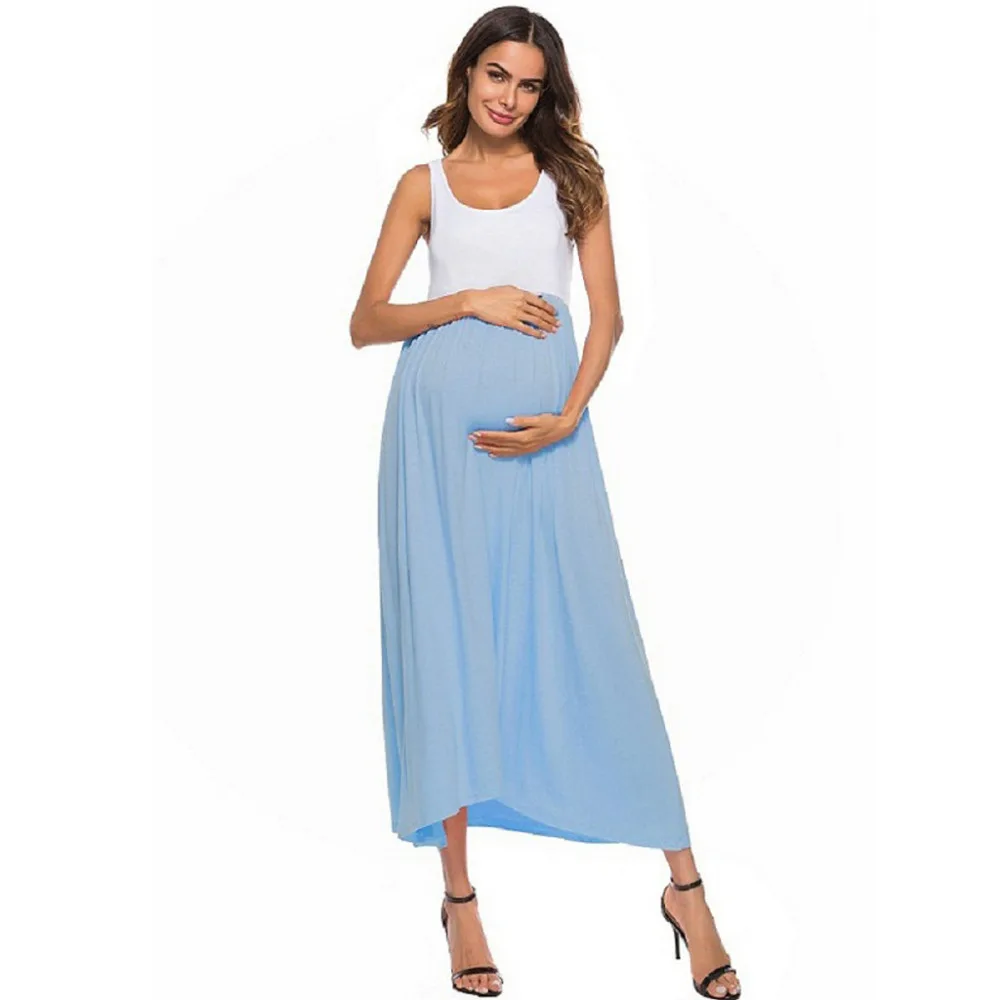 Летнее платье для беременных без рукавов с рюшами А силуэта хлопковое длинное
