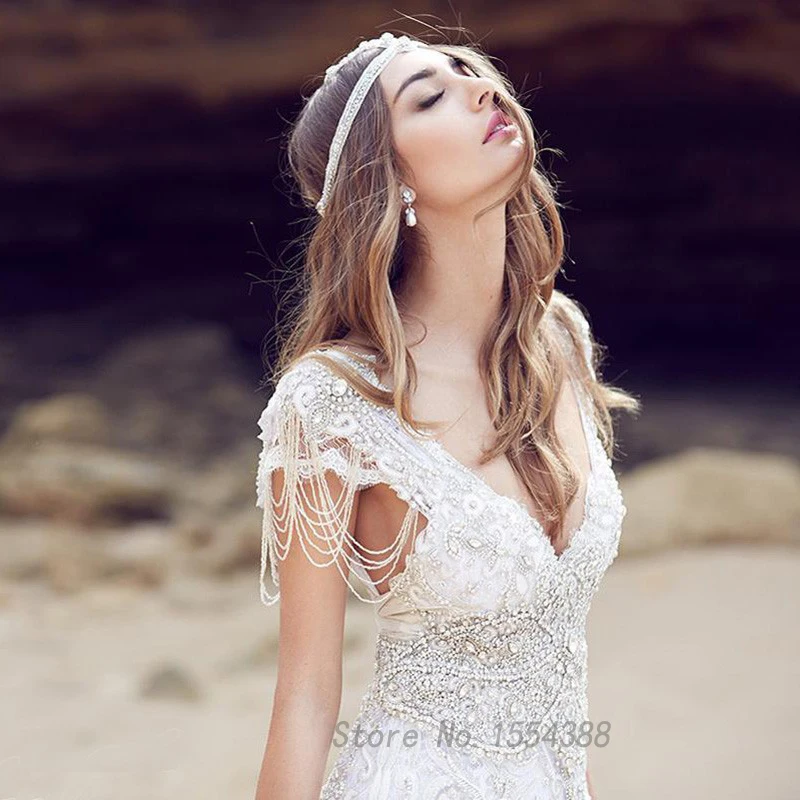 Sexy Beach Свадебное Платье Роскошные Бусы Кристалл Русалка Кружева Boho 2017 Vestido де Noiva