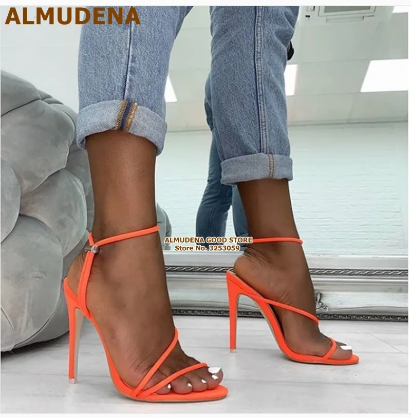 ALMUDENA/розовые, неоновые, желтые, с эластичной лентой, на высоком каблуке, садалии с металлической пряжкой, украшенные модельные туфли-лодочки с эластичными ремешками на тонком каблуке