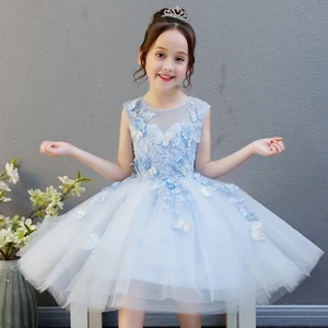 Gliztлетнее платье с аппликацией для девочек; свадебное платье с цветочным узором для девочек; светло-голубое праздничное платье принцессы для дня рождения для девочек; платье для первого причастия