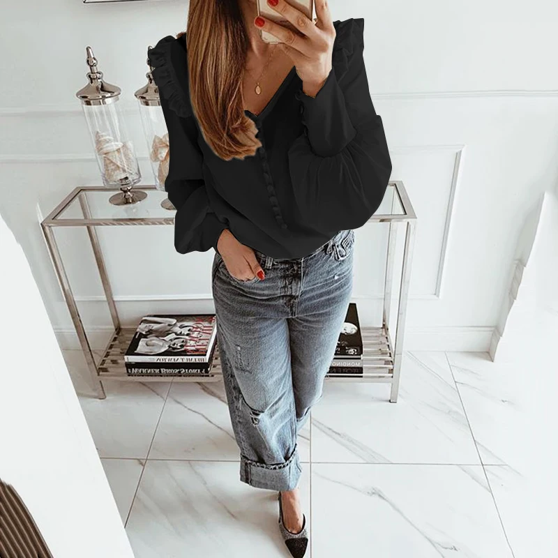 Autumn Women Shirts Blouses Celmia Sexy V Neck Long Sleeve Casual Solid Ruffled Tunic Top Button Plus Size Blusas Femininas