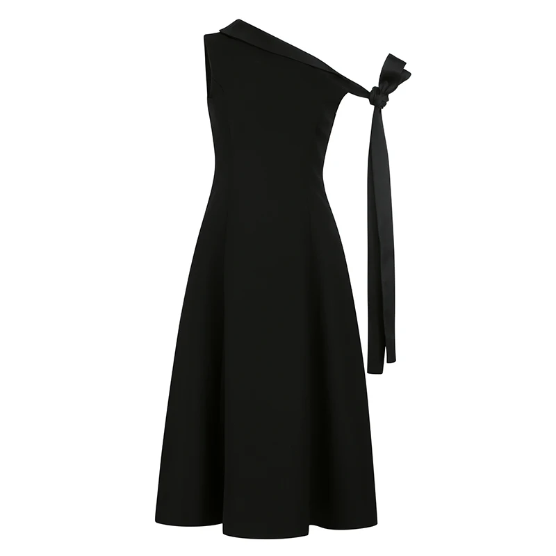 Женское платье на одно плечо Max Spri черное ТРАПЕЦИЕВИДНОЕ ПЛАТЬЕ средней длины с