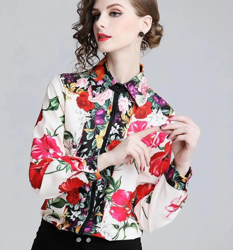 Spring summer women's long sleeve vintage flower print shirt female european fashion casual loose chic shirt blouse TB931