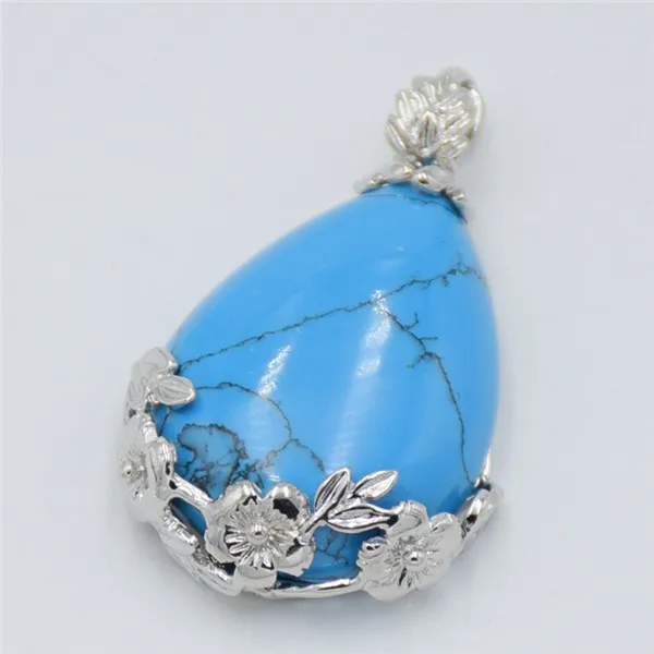 blue turquoises Женский натуральный камень, Фиолетовый Кристалл авантюрин опал Сердолик Оникс розовый кварцевый кристалл Lapis каплевидный инкрустированный кулон металлический цветок - Окраска металла: blue turquoises