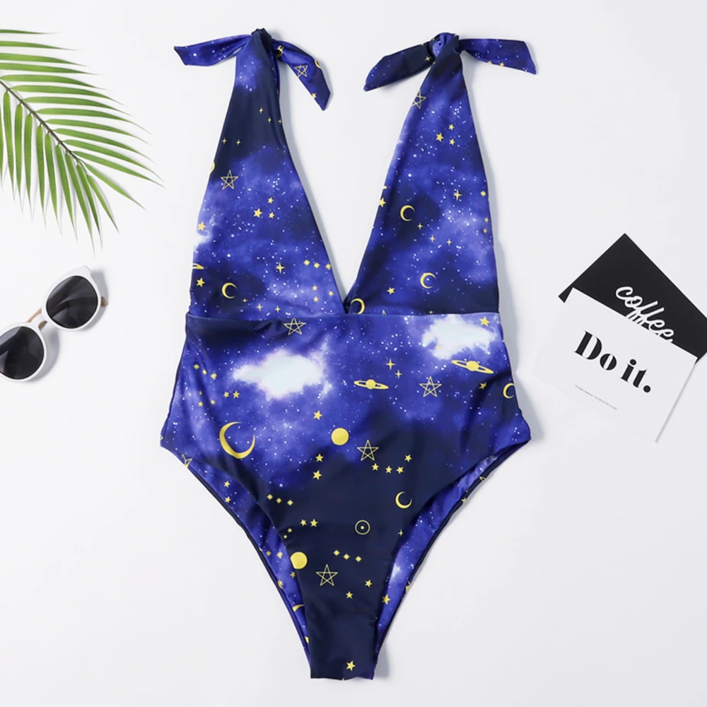 Floylyn Women Swimsuit Sexy One Piece Starry Sky Print Double Linings Bodysuit Swimwear Push Up Bathing Suit | Спорт и развлечения