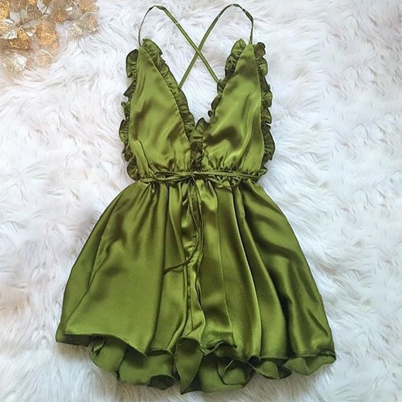 Women Sexy V-Neck Backless Pajamas Shorts Dresses One Piece Home Clothes Jumpsuits Satin Sleep Underwear Loungewear 6Q2628 |