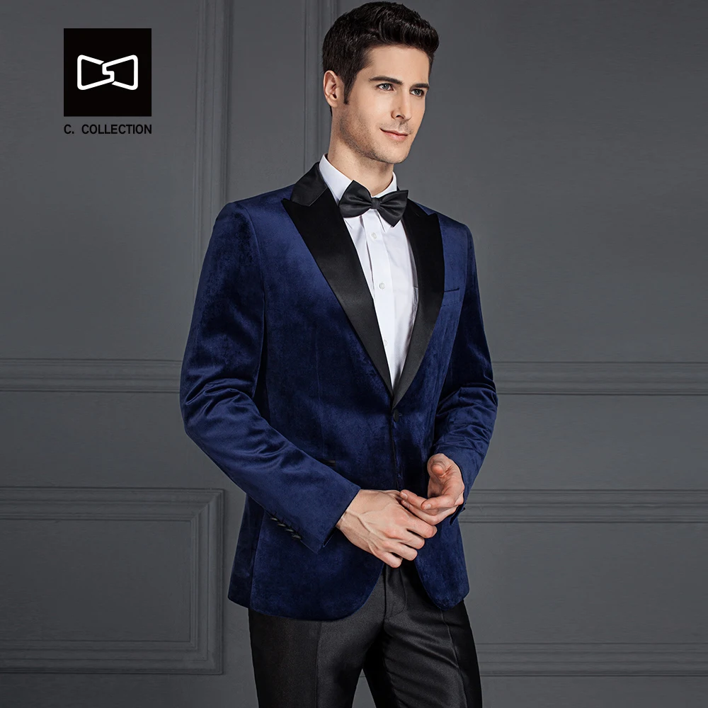 Заказ Для мужчин бархат синий костюм Slim Fit Свадебный смокинг 2 шт.