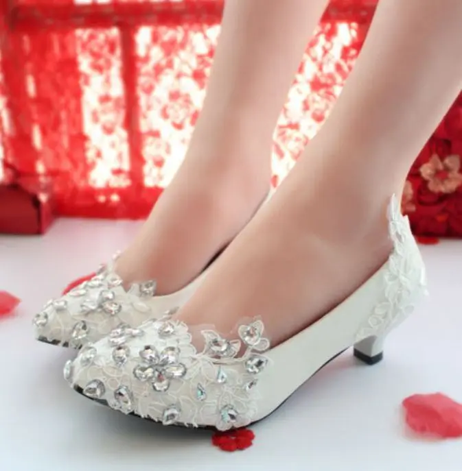 Fashion handmade shinny sparking silver crystal rhinestones white lace wedding shoes bride womens ladies bridemsaid pumps