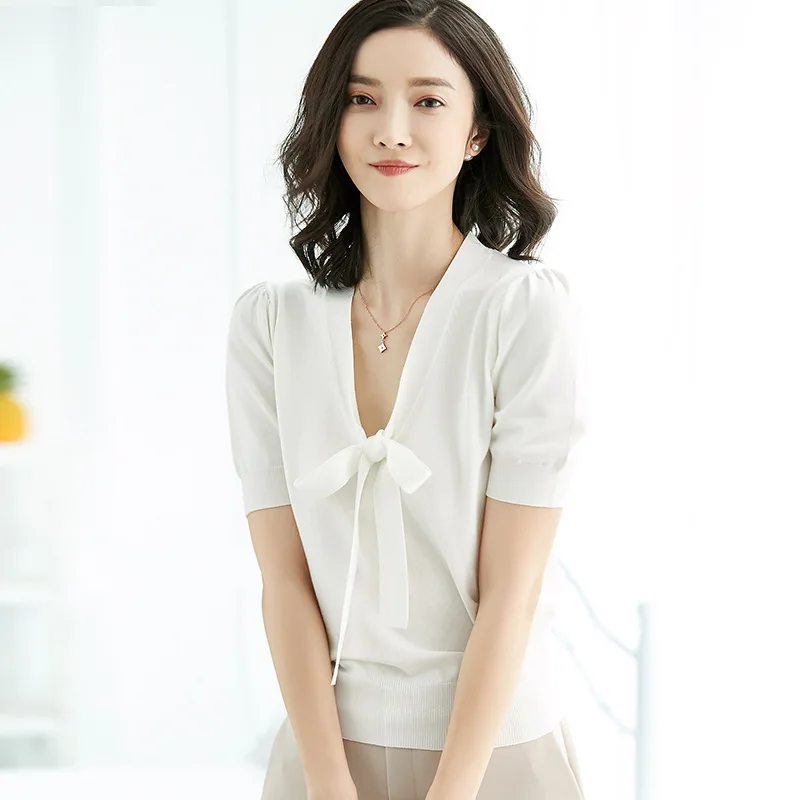 Suvance осень офис леди бабочка воротник 4 сплошной цвет свитер мода короткий рукав