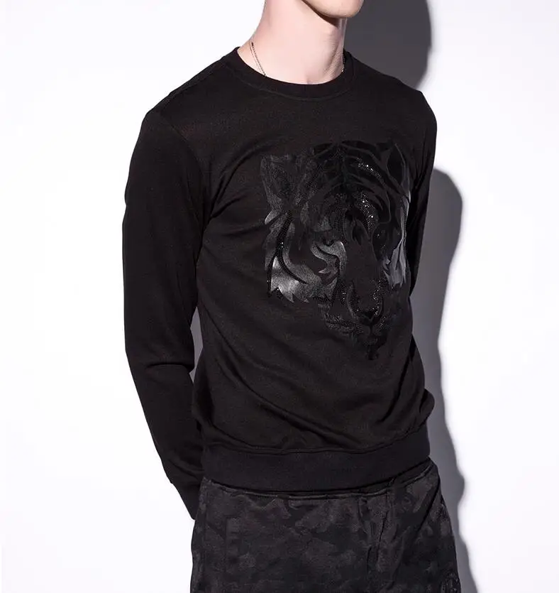 Осень Тигр Для мужчин с длинным рукавом Sweatershirt Цветочные стерео Стразы вязаный
