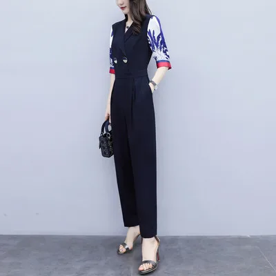 2019 Summer New Casual Fashion High Waist Jumpsuit Print V Collar Thin Section Feet Suit Women Plus Size | Женская одежда