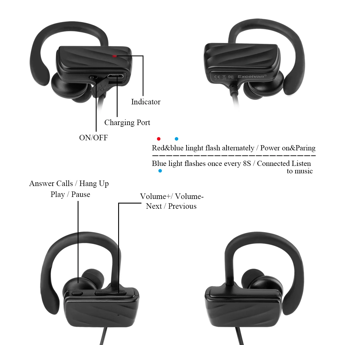 Беспроводной bluetooth наушники со светодиодными огнями V4.1 спортивные для бега