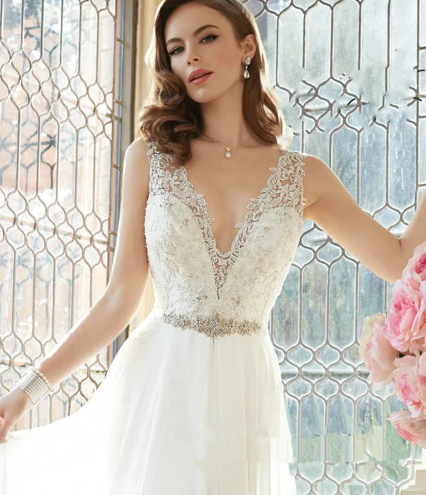 Элегантное шифоновое кружевное платье с v образным вырезом и кристаллами Vestidos De