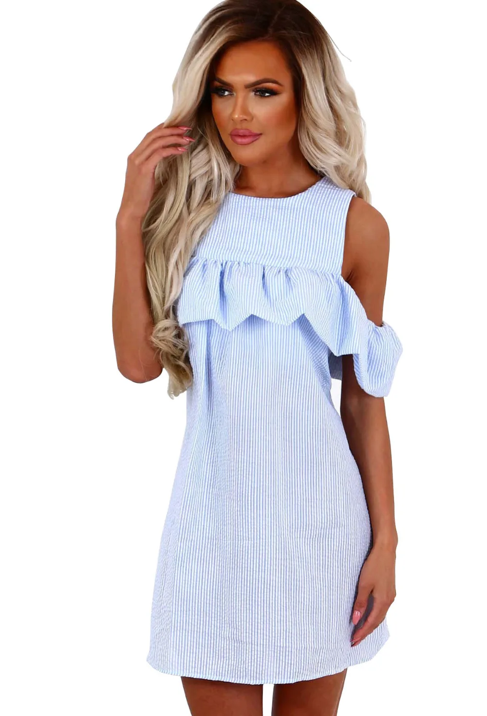 Для женщин Слои рюшами рукава шею Striped Midi Dress|Женские платья| |