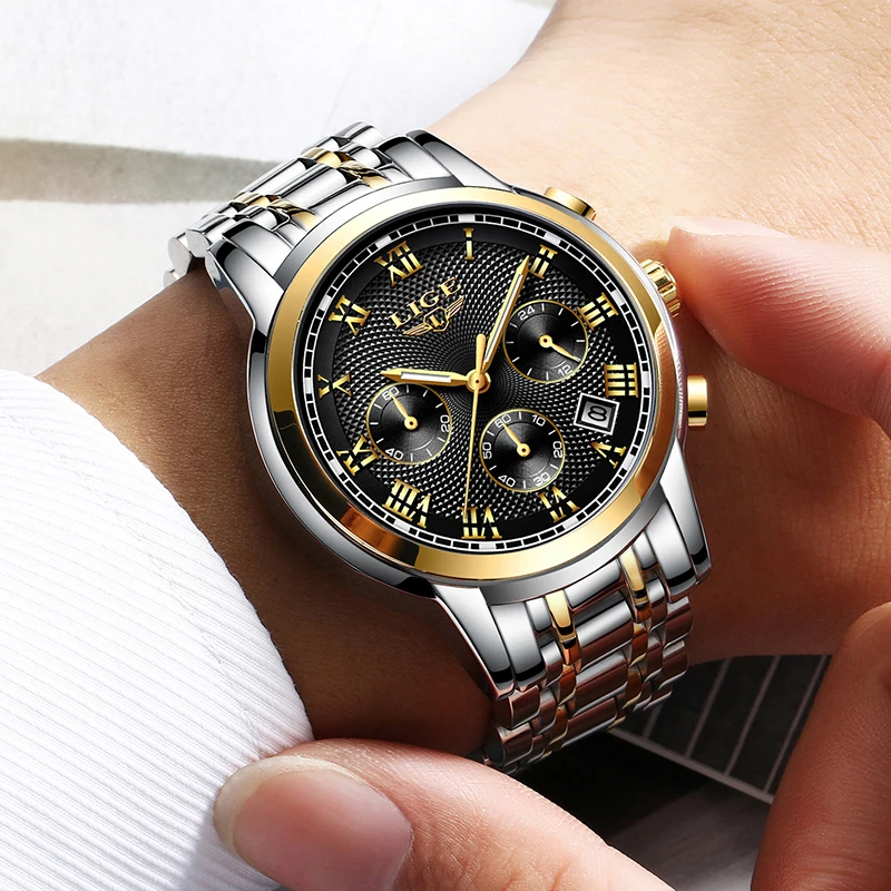 Часы LIGE мужские повседневные из стали кварцевые водонепроницаемые спортивные 2019