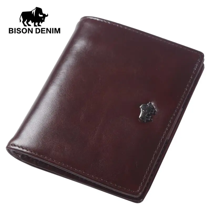 BISON DENIM модные мужские кошельки из натуральной кожи мини маленький кошелек держатель для карт с карманом для монет на молнии - Цвет: Коричневый