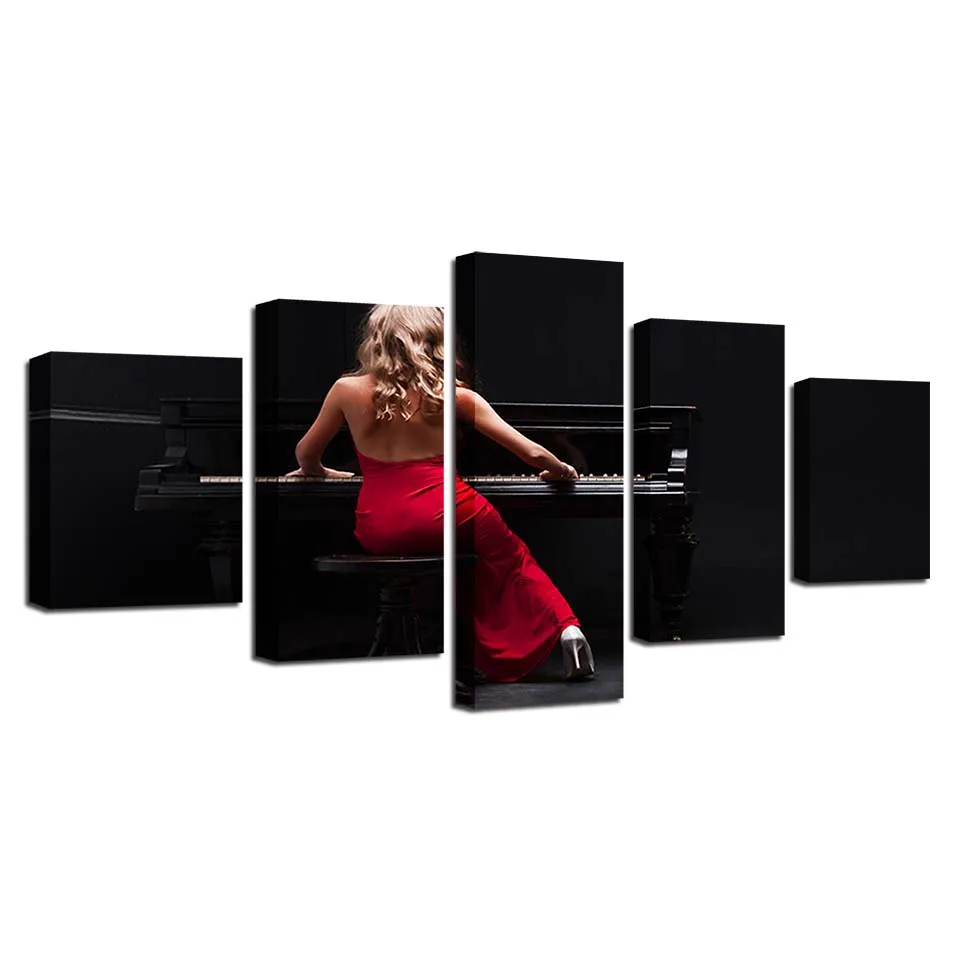 Canvas Paintings HD Printed Modular Pictures Living Room 5 Panels Girl Music Piano Wall Art Poster Home Decoration Modern Framed | Дом и сад