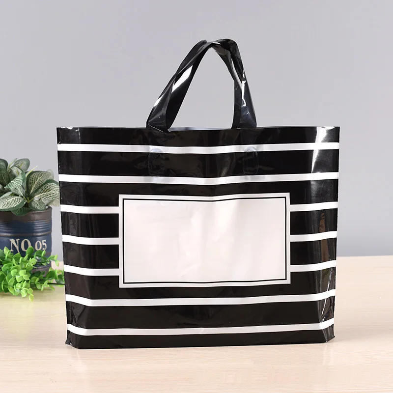 

Black White Stripe Clothing Gift Bag Plastic Gift Bag Shopping Plastic Bags With Handles 10pcs 33x24+6cm Can Custom Logo