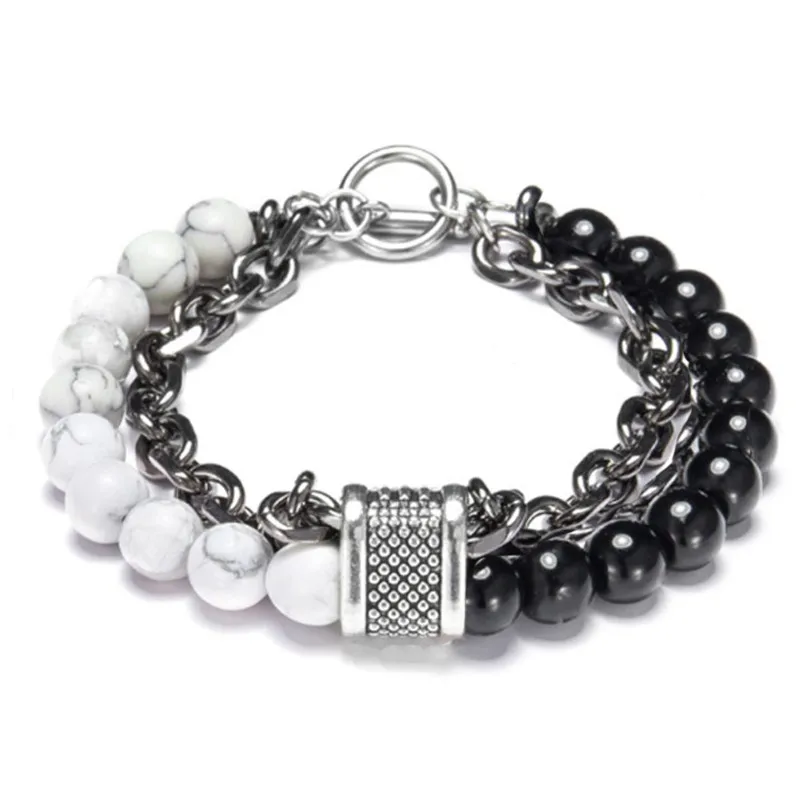 White bright Панк натуральный камень тигровый глаз мужской браслет из бисера нержавеющая сталь звено цепи Пара Браслеты femme мужские ювелирные изделия Прямая поставка - Окраска металла: White bright