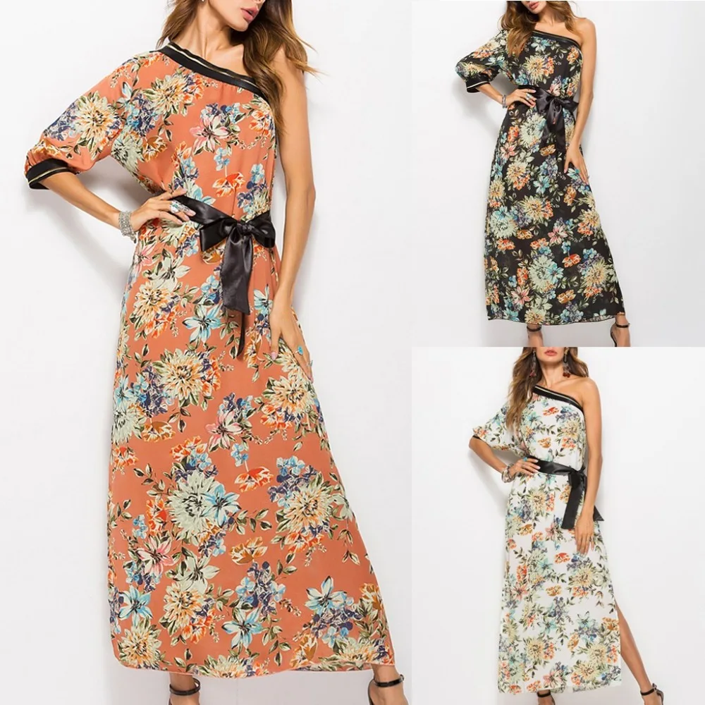 MIARHB Summer One Shoulder Dress on Women Elegant Floral Print Bodysuit Beach Woman's Casual Dresses Vintage Ladies Robe | Женская