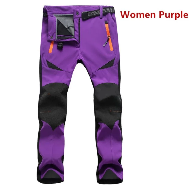 women purple Зимние мужские водонепроницаемые теплые флисовые брюки, быстросохнущие брюки с мягкой оболочкой, ветронепроницаемые тепловые штаны для походов на природу - Цвет: women purple
