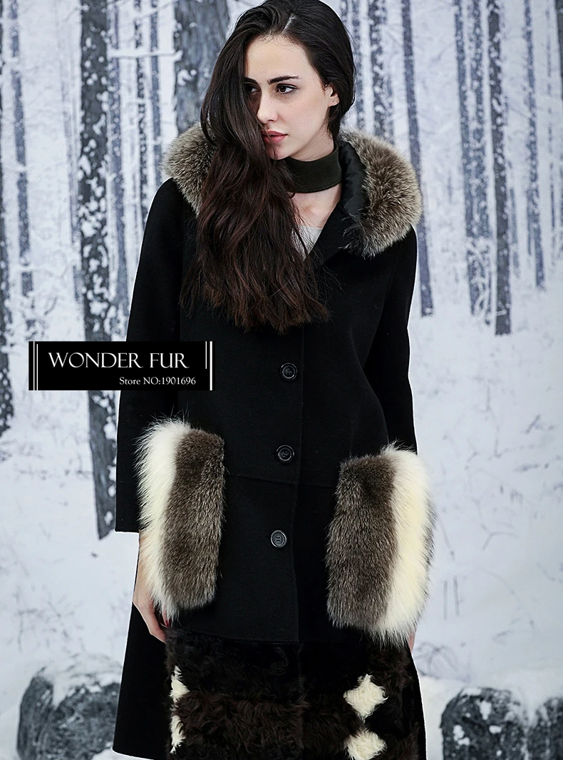 Женское длинное шерстяное пальто с карманами и лисьим мехом дизайнерское платье