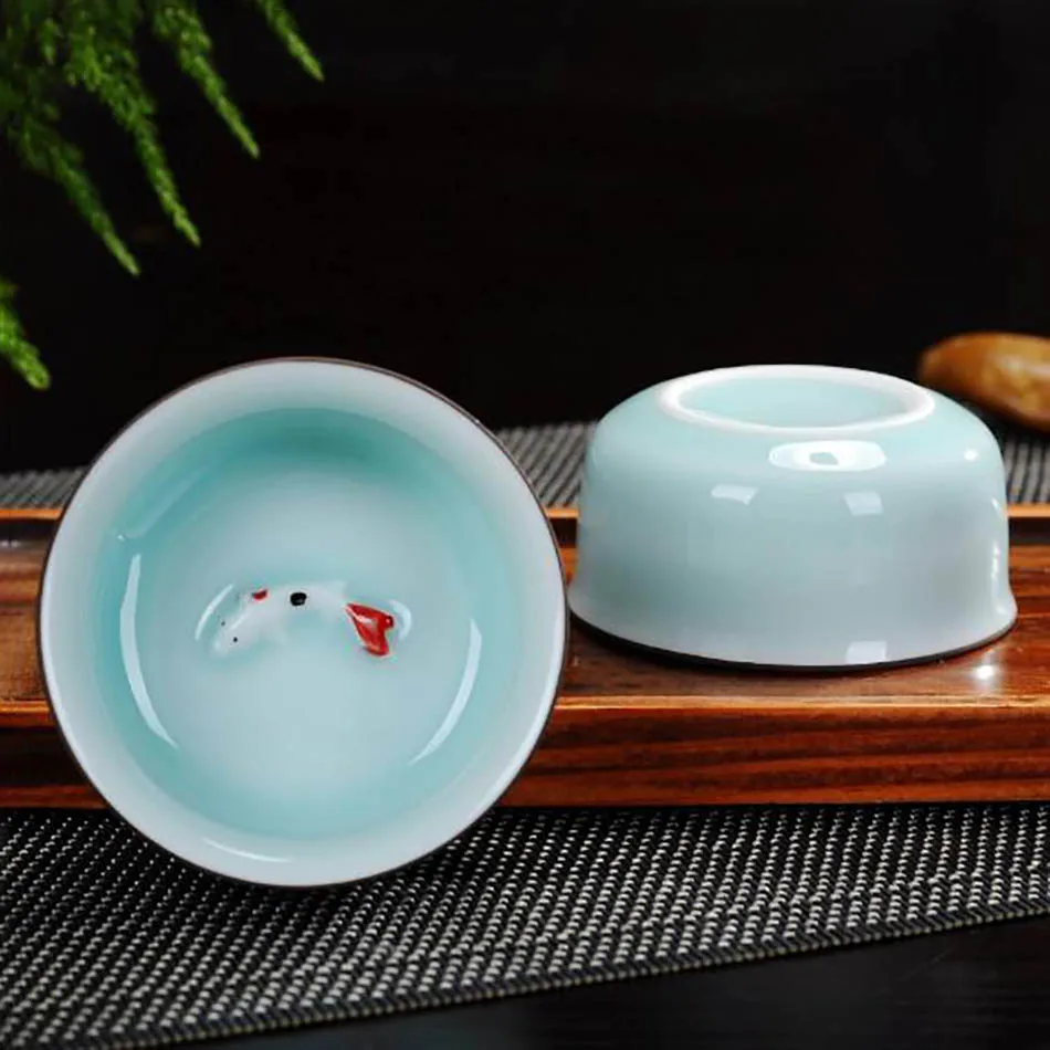 2шт 50 мл фарфор из Дэхуа Celadon Карп чайная чашка красочные рыбы керамические чашки