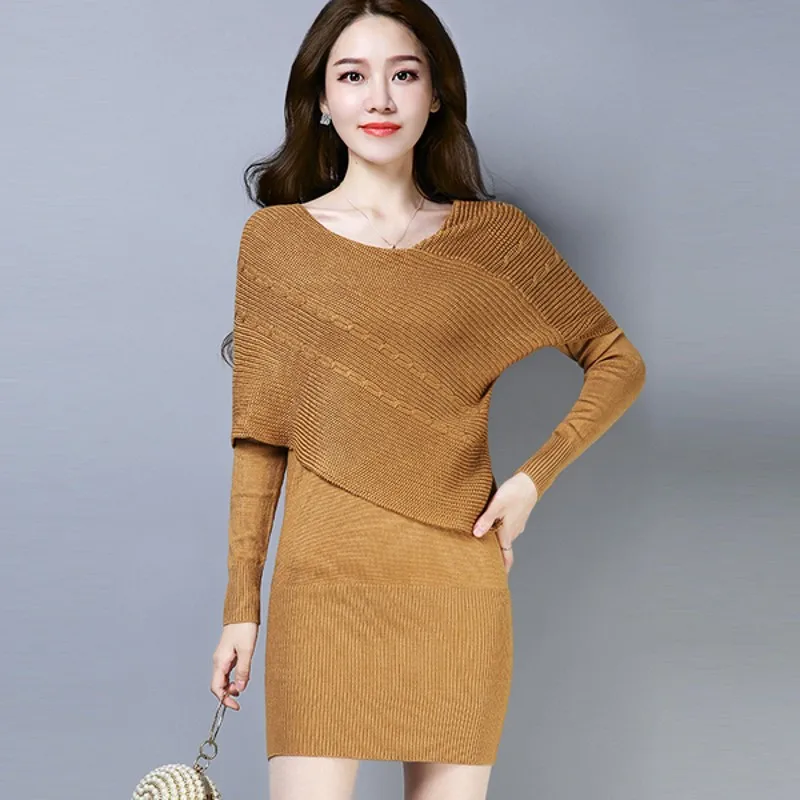

Warm and Charm Slim Sheath Package Hip Knitted Dress Long Sleeved O-Neck Neck Thick Autumn winter Bodycon Sweater Mini Dress