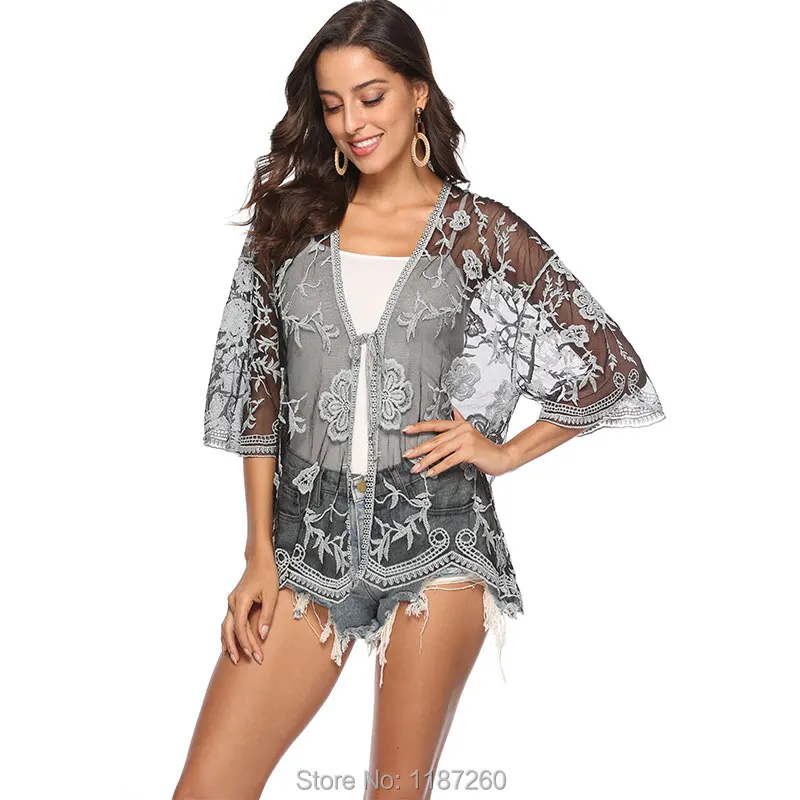 BOHOFREE плюс Размеры Sheer крючком цветок кружева кимоно Blusas 3/4 рукав на шнуровке