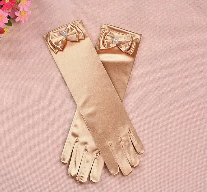 Wedding Elastic Girl Satin Long Gloves Kid Fancy Dress Bow Pearl Costume COS princess Mitten 3Y-8Y party favor SN1029 | Дом и сад