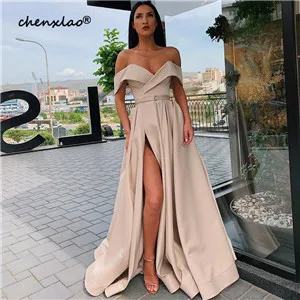 

CHENXIAO Elegant Burgundy Evening Dress Satin A-Line Off The Shoulder Split Floor Length Evening Dresses Long Vestidos