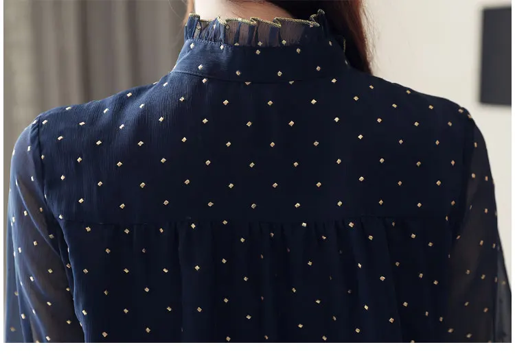 2019 New Fashion Women's Polka Dot Lace Up Bow Shirt Long Flare Sleeve Chiffon Button Stand Blouses Office Lady Hot SalesT91603Z |