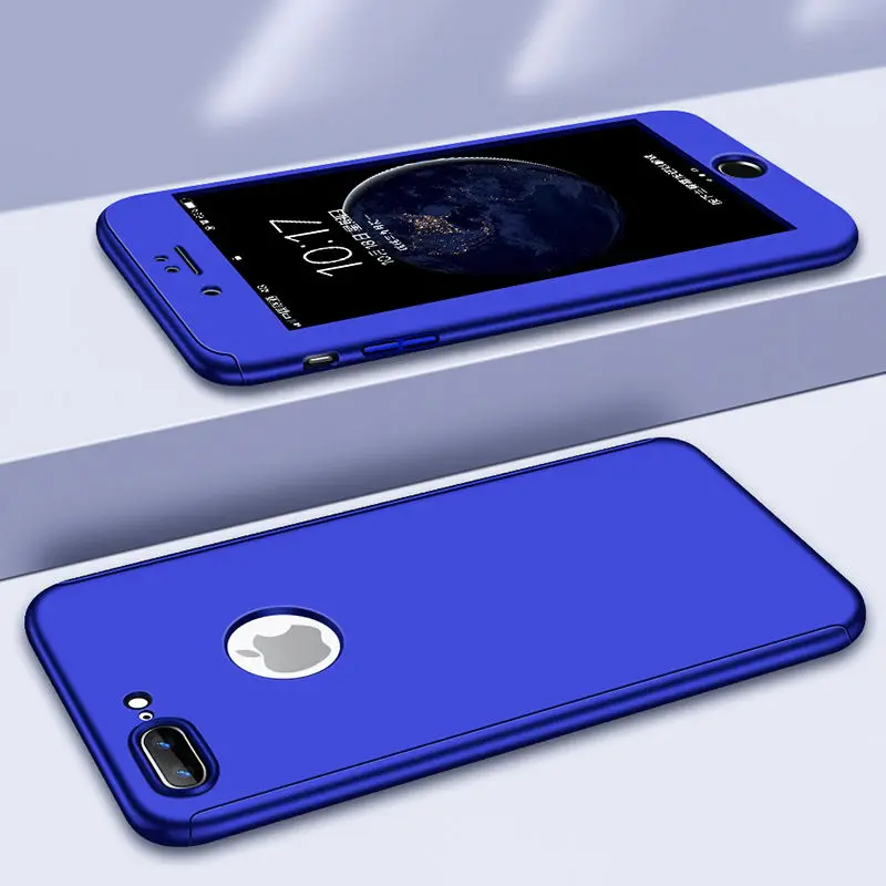 Синий Чехол на 360 градусов для iPhone 7, 8 Plus, X, XR, XS Max, с закаленным стеклом, Жесткий Чехол для iPhone 6, 6splus, X, 5, 5S, SE - Цвет: Синий