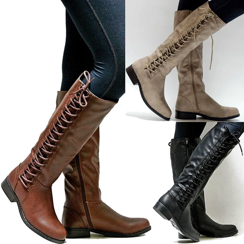 LAKESHI Women Boots 2018 Ladies Long Autumn Winter Riding Lace Up Flat Square Heels Motorcycle Female Booties | Обувь