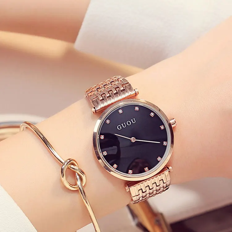 Женские кварцевые часы Простой Тонкий браслет со стразами розовое золото |