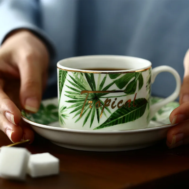 Дизайн зеленый завод кружки и блюдце набор, фарфор кофе латте кружка печати подвески-талисманы в китайском стиле чай чашки воды посуда для напитков
