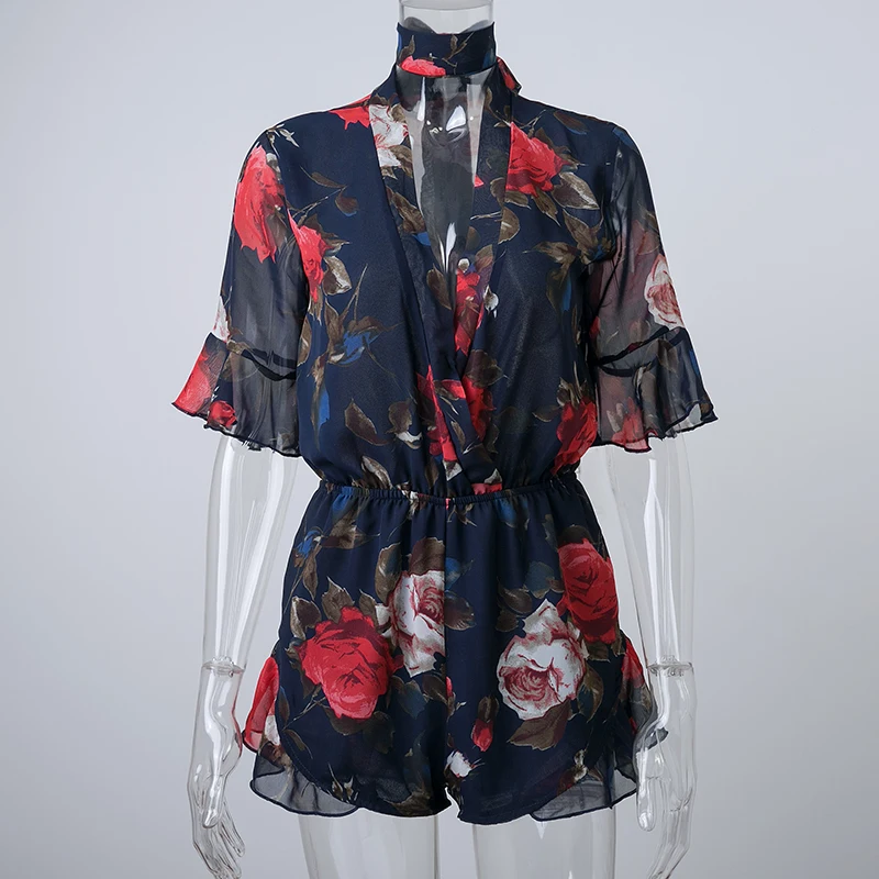 4-floral NLW богемный цветочный принт глубокий v-образный вырез оборки пляжные комбинезоны с бантом Лето женские сексуальные распродажа короткие комбинезоны - Цвет: 4-floral