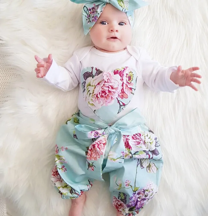 

Girl Clothing Outfit Kids Floral 3PCS Set Cute Flower Printed Bodysuit Pants Headband Infant Toddle Newborn Baby Girls Clothes